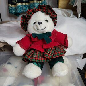 Christmas Teddy Bear In Plaid Dress With Velvet Accents